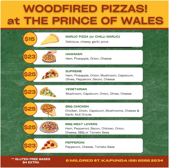 Barossa woodfired pizza menu at the prince of wales kapunda